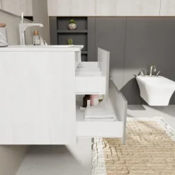 Zweifarbiges Möbel-Set für das Bad, Frontfarbe in matt Grau, Korpusfarbe Holzoptik weiß | Magnolia