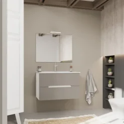 Zweifarbiges Möbel-Set für das Bad, Frontfarbe in matt Grau, Korpusfarbe Holzoptik weiß | Magnolia